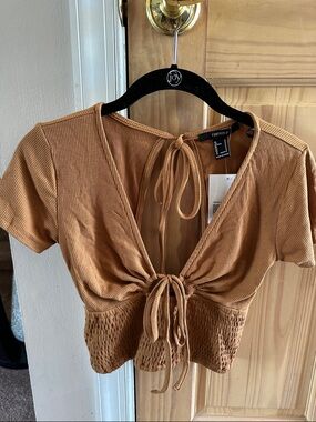 Forever 21 Tan Ribbed Tie-Front Smocked Crop Top